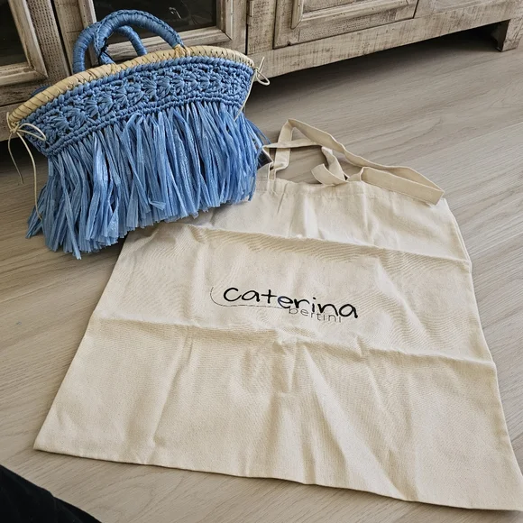 Caterina Bertini Fringe Straw Mini Tote Blue Made In Italy - Picture 15 of 17